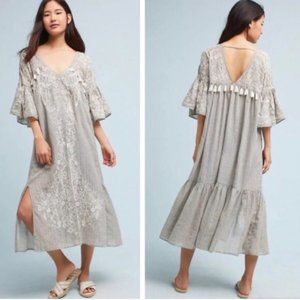 Anthro Maeve Tisdal Embroidered Tassel Stripe Dress Gray SZ 6